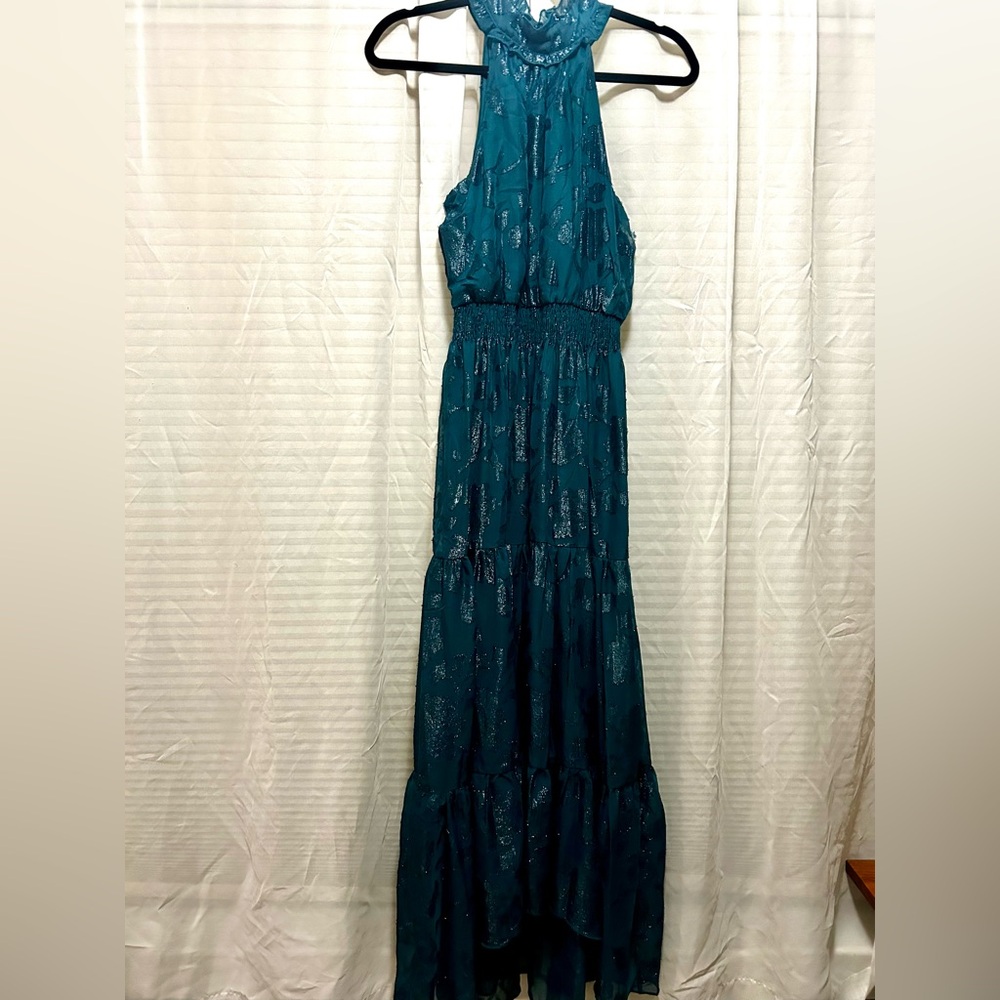 Alexa B Green Floral Wedding Guest Smock Waist Halter Dress